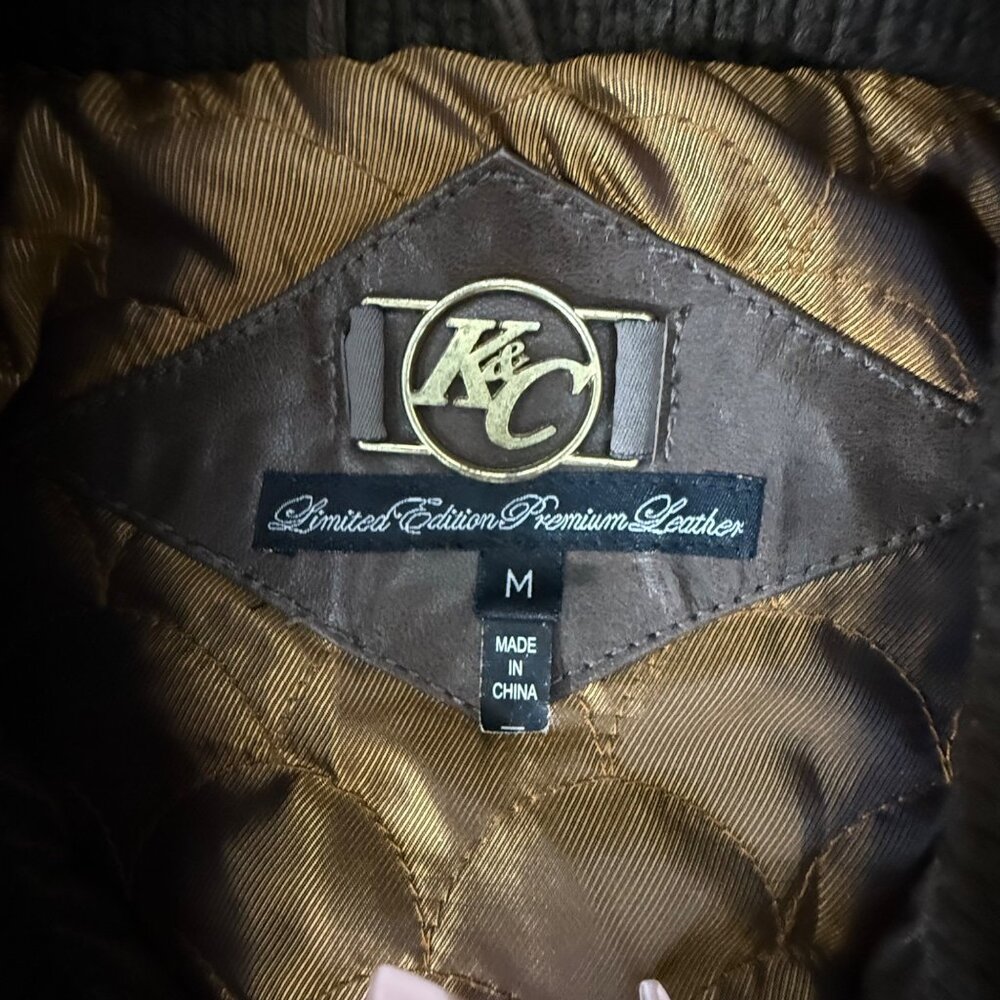 K&C Men's Limited Edition Premium Genuine Leather Bomber Jacket in brown, Size M - Picture 11 of 11